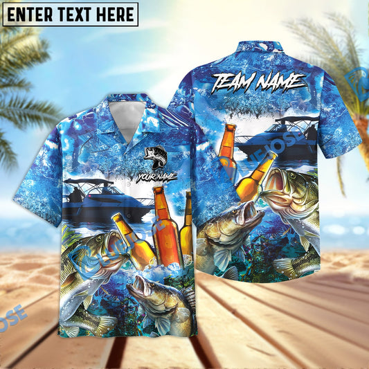 BlueJose Fishing Boat Blue Beer Personalized Hawaiian Shirt (12 Fish Species)