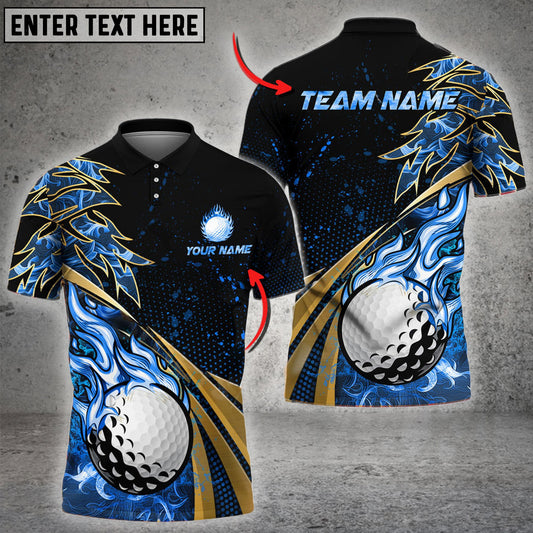 BlueJose Golf Fire Golden Line Premium Multicolor Option Customized Name, Team Name 3D Polo Shirt (6 Colors)