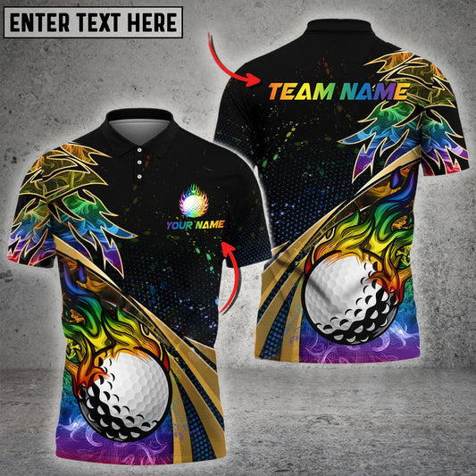 BlueJose Golf Fire Golden Line Premium Multicolor Option Customized Name, Team Name 3D Polo Shirt (6 Colors)