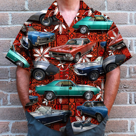 Bluejose Seamless Tribal Pattern, Custom Classic Car Photo Hawaiian Shirt, Summer Gift