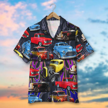 Custom Hot Rod Photo Hawaiian Shirt, Flame Pattern, Gift For Hot Rod Lovers