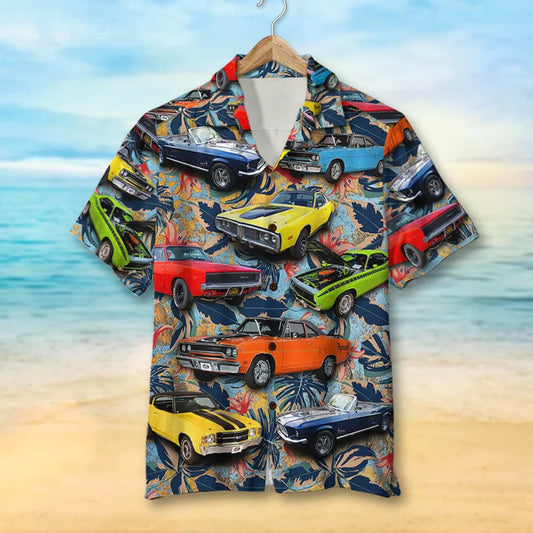 Custom Muscle Car Photo Hawaiian Shirt, Red Flowers Pattern