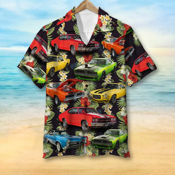 Custom Muscle Car Hawaiian Shirt, Seamless Floral Pattern