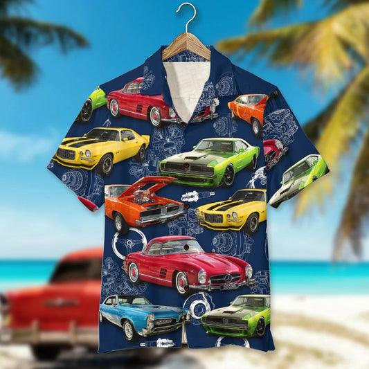 Custom Classic Car Photo Hawaiian Shirt, Car Machinery Pattern
