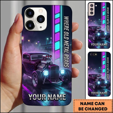 BlueJose Hot Rod Purple Classic Car with Neon City Lights and Electric Blue Glow Personalized Name 3D Phone Case
