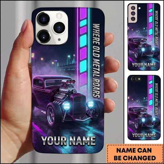 BlueJose Hot Rod Purple Classic Car with Neon City Lights and Electric Blue Glow Personalized Name 3D Phone Case