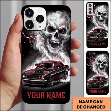 BlueJose Classic Muscle Car Burgundy Vintage Car with Silver Skull and Dark Smoke Personalized Name 3D Phone Case