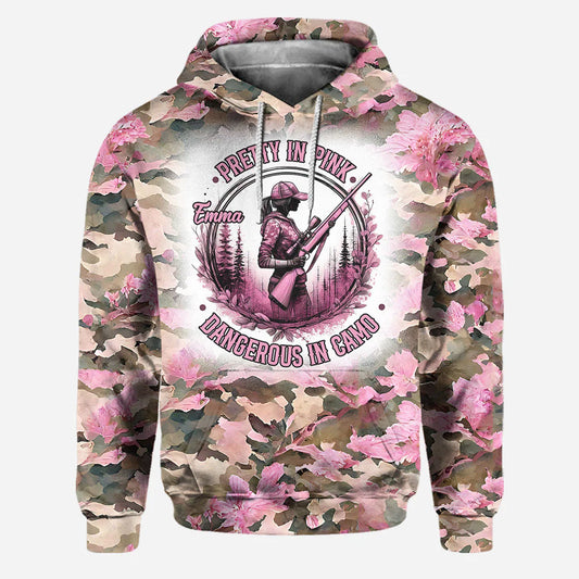 BlueJose Pretty in Pink Dangerous in Camo, Personalized Hunting All Over Shirt, Personalized 3D Hoodie For Hunting Lover