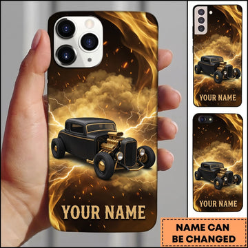 BlueJose Vintage Hot Rod Golden Smoke and Black Classic Car Personalized Name 3D Phone Case