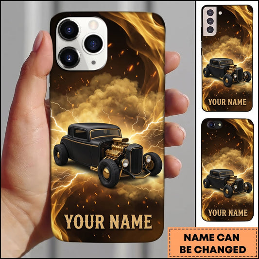 BlueJose Vintage Hot Rod Golden Smoke and Black Classic Car Personalized Name 3D Phone Case
