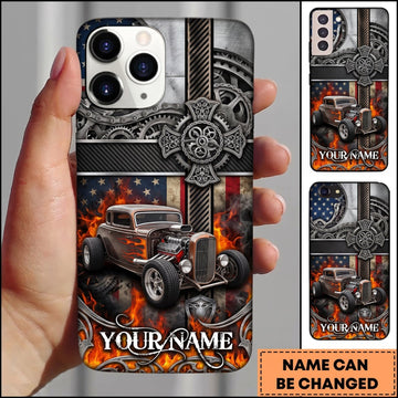 BlueJose Hot Rod Vintage Engine Skull and Orange Flame Personalized Name 3D Phone Case