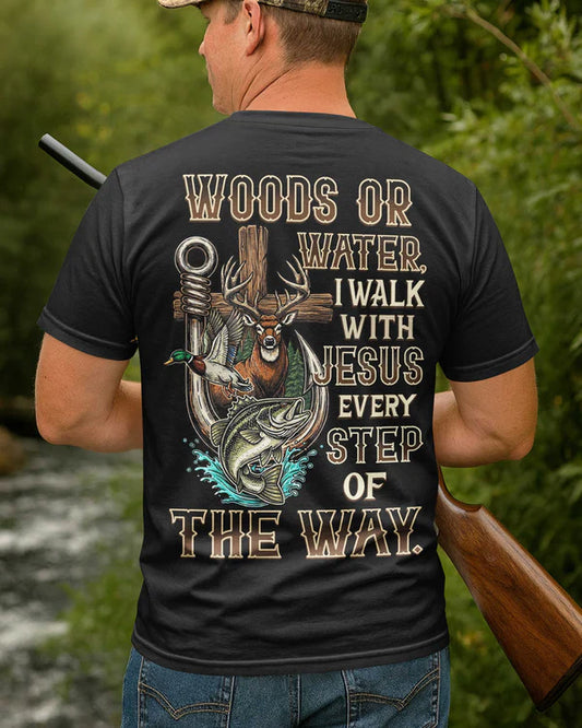 BlueJose Woods Or Water I Walk With Jesus Shirt, Personalized Hunting 3D Shirt - Black