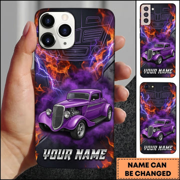 BlueJose Hot Rod Purple Vintage Car with Neon Flame and Smoke Personalized Name 3D Phone Case