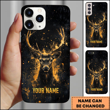 BlueJose Artist Hunting Deer Golden Orange Splatter Paint Black Background Personalized Name Phone Case
