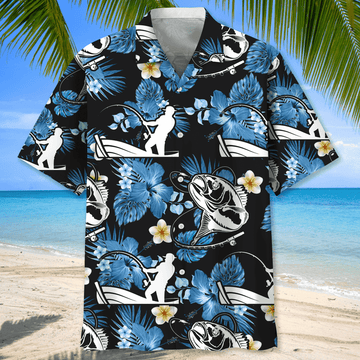 BlueJose Go Fishing Floral Pattern Black Hawaiian Shirt