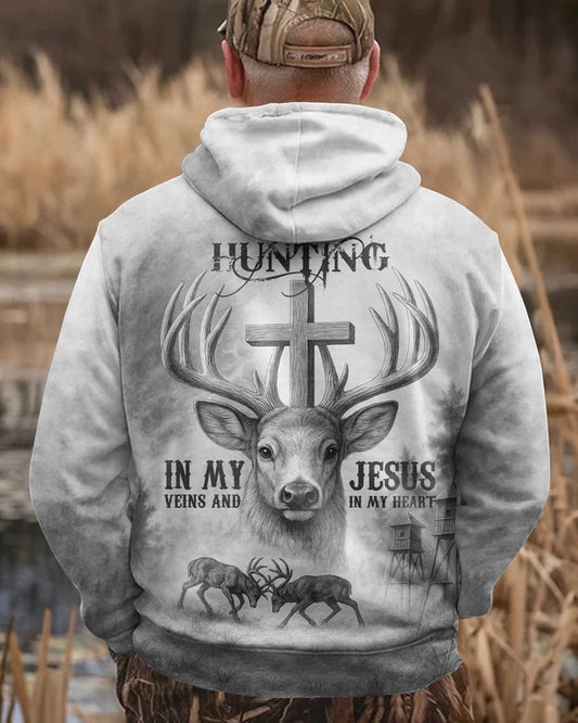 BlueJose I've Got Hunting In My Veins And Jesus In My Heart Grey Shirt, Personalized Hunting 3D Shirt