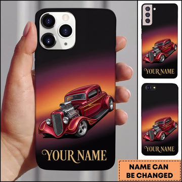 BlueJose Hot Rod Red Vintage Car with Sunset Gradient Personalized Name 3D Phone Case
