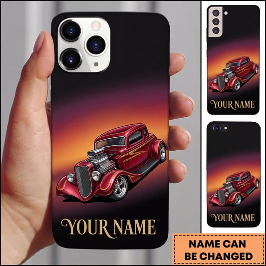 BlueJose Hot Rod Red Vintage Car with Sunset Gradient Personalized Name 3D Phone Case