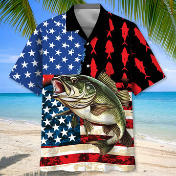 BlueJose Bass Fish USA Flag Hawaiian Shirt