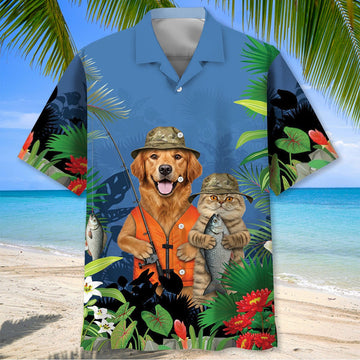 BlueJose Funny Dog And Cat Fishing Hawaiian Shirt