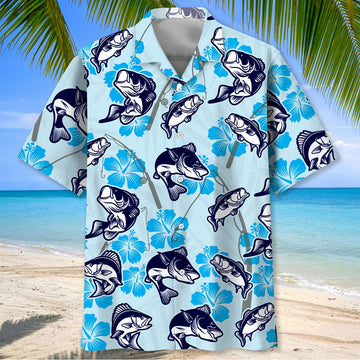 BlueJose Fishing Floral Pattern Blue Hawaiian Shirt