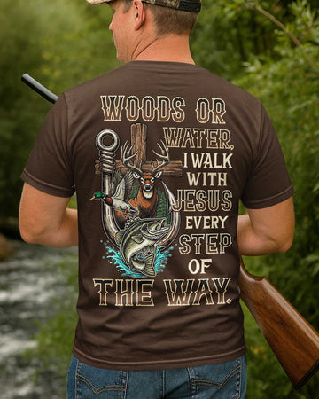 BlueJose Woods Or Water I Walk With Jesus Shirt, Personalized Hunting 3D Shirt - Brown