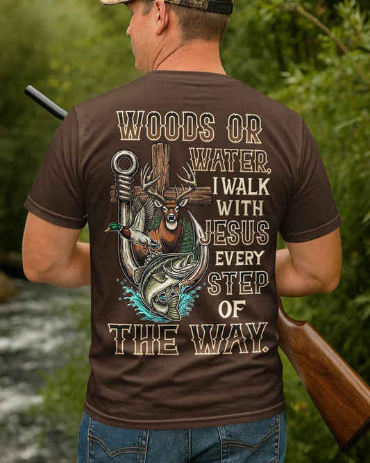 BlueJose Woods Or Water I Walk With Jesus Shirt, Personalized Hunting 3D Shirt - Brown