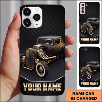 BlueJose Vintage Hot Rod Golden Classic Car on Black Background Personalized Name 3D Phone Case