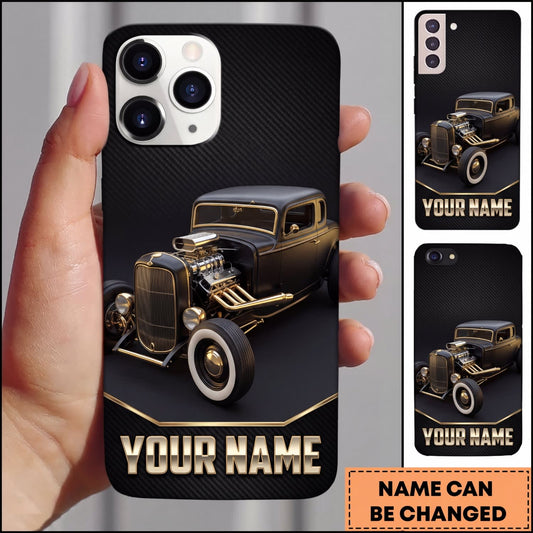 BlueJose Vintage Hot Rod Golden Classic Car on Black Background Personalized Name 3D Phone Case