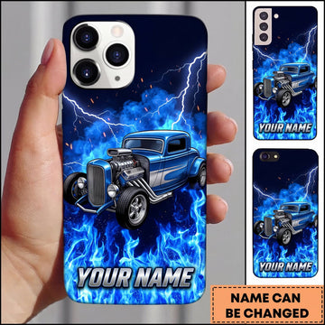 BlueJose Hot Rod Blue Vintage Car with Electric Flame Personalized Name 3D Phone Case