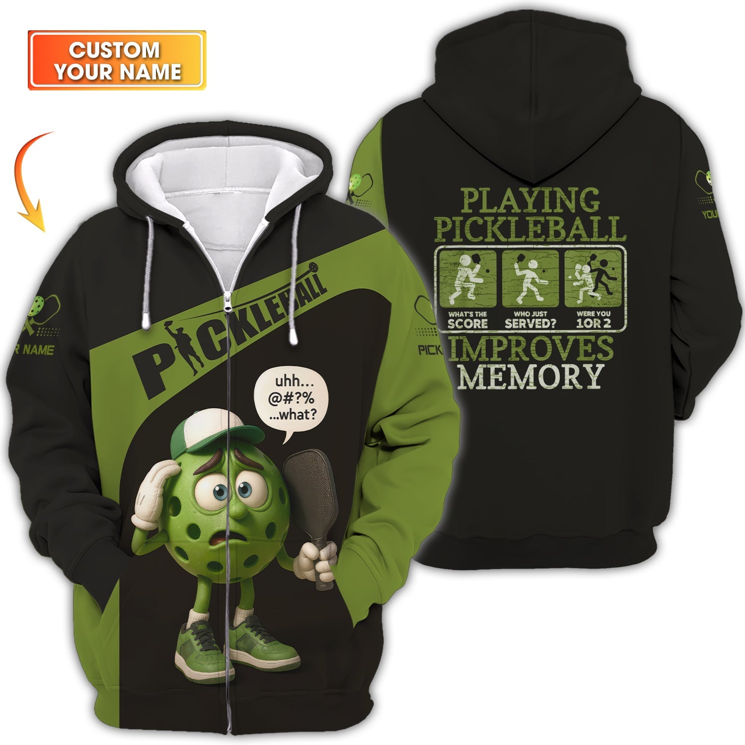 Custom Funny Pickleball T Shirt Green, Pickle Ball Charactor, Playing Pickleball Improves Memory, Pickleball Gift for Players