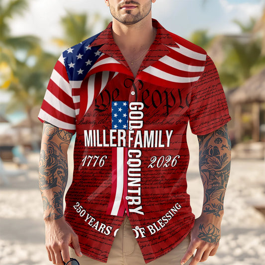 BlueJose Custom Family Name Patriotic American Flag, 250 Years of Blessing God Hawaii Shirt
