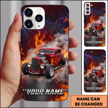 BlueJose Hot Rod Red Classic Car with Orange Fire and Smoke Personalized Name 3D Phone Case