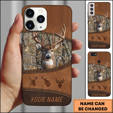 BlueJose Artist Hunting - Deer In Woods Leather Look Brown Personalized Name Phone Case