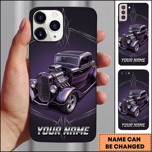 BlueJose Vintage Hot Rod Purple Classic Car on Dark Background Personalized Name 3D Phone Case