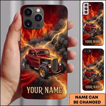BlueJose Hot Rod Golden Vintage Car with Fire and Dark Smoke Personalized Name 3D Phone Case