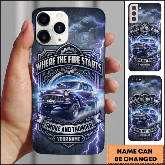 BlueJose Classic Muscle Car Blue Neon Vintage Car and Lightning Personalized Name 3D Phone Case