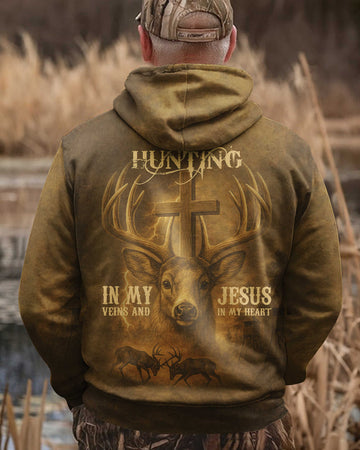 BlueJose I've Got Hunting In My Veins And Jesus In My Heart Shirt, Personalized Hunting 3D Shirt