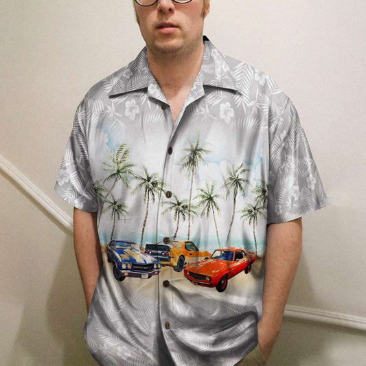 Muscle Car With Flower And Palm Tree Background - Personalized Hawaiian Shirt, Aloha Shirt Hawaiian Shirt