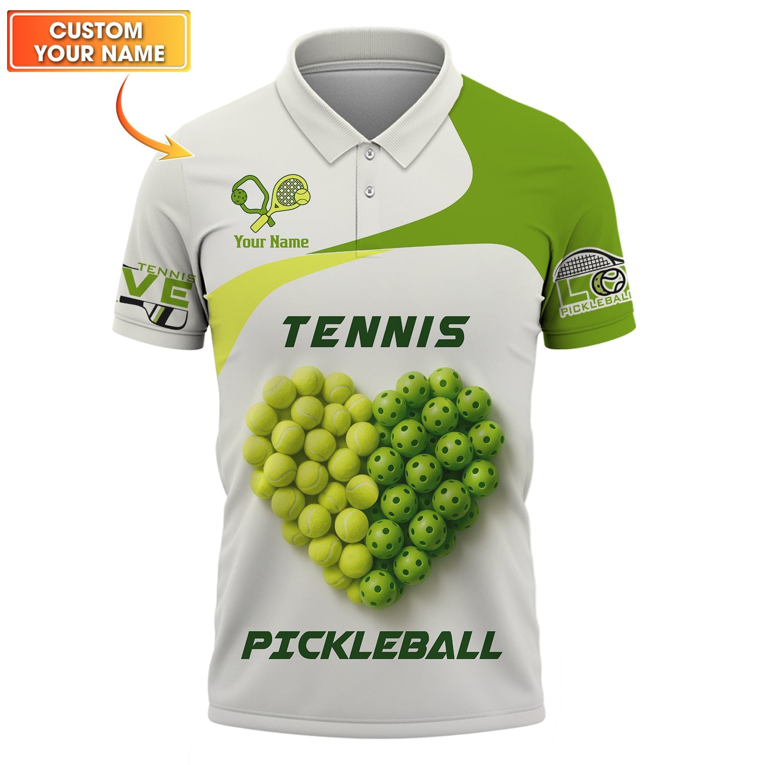 Custom Tennis Pickleball Shirt, Heart Shape Ball Design, Personalized Sports T-Shirt for Tennis Pickleball Lovers