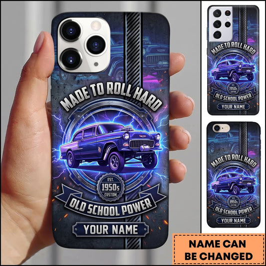 BlueJose Hot Rod Purple Classic Car with Blue Lightning and Neon Glow Personalized Name 3D Phone Case