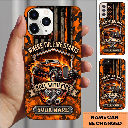 BlueJose Hot Rod Orange Flame Classic Car with Vintage Skull Badge Personalized Name 3D Phone Case