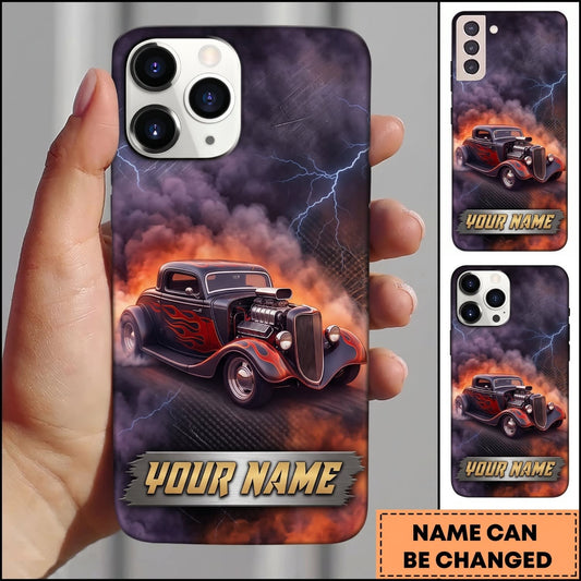 BlueJose Hot Rod Red Classic Car with Purple Smoke and Orange Flame Personalized Name 3D Phone Case