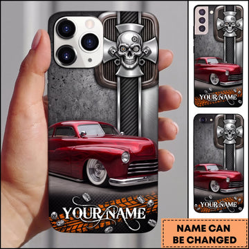 BlueJose Classic Car Red Vintage Muscle Car and Chrome Skull Personalized Name 3D Phone Case