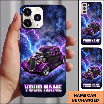 BlueJose Hot Rod Purple Classic Car with Electric Lightning and Neon Glow Personalized Name 3D Phone Case