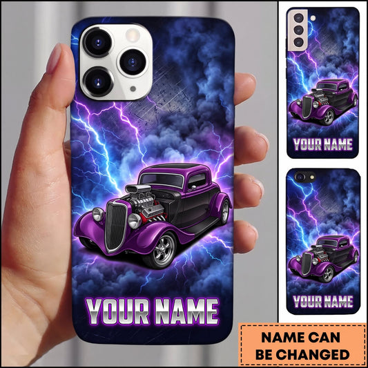 BlueJose Hot Rod Purple Classic Car with Electric Lightning and Neon Glow Personalized Name 3D Phone Case