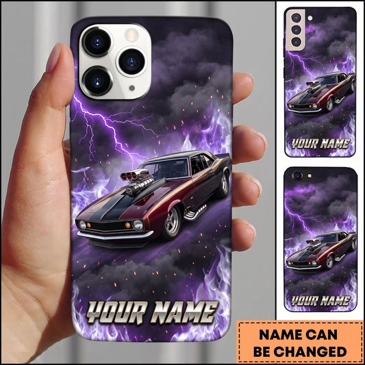 BlueJose Classic Muscle Car Purple Vintage Car with Lightning Storm Personalized Name 3D Phone Case