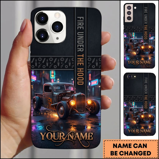 BlueJose Hot Rod Black Vintage Car with Orange Headlights and Dark Urban Garage Personalized Name 3D Phone Case