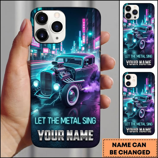 BlueJose Hot Rod Purple Classic Car with Cyan Neon City and Metal Spirit Personalized Name 3D Phone Case