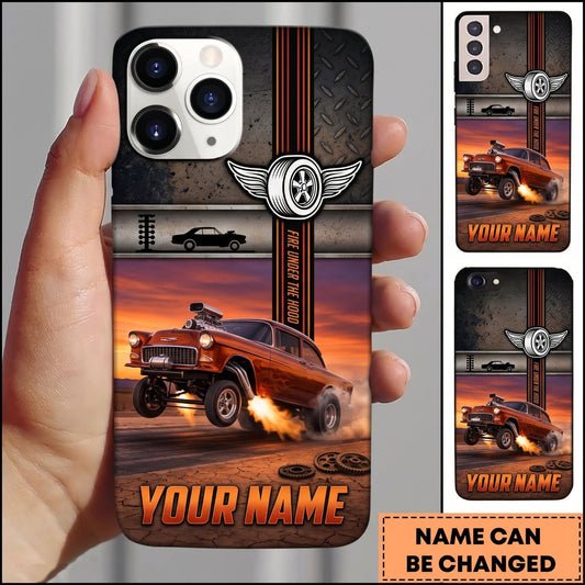 BlueJose Hot Rod Orange Vintage Car with Sunset Highway and Racing Stripes Personalized Name 3D Phone Case